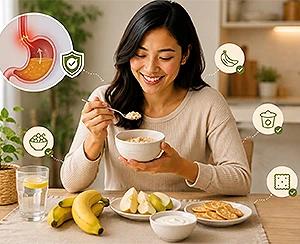 snacks for acid reflux: woman eating oatmeal with banana, pear, and yogurt at a table